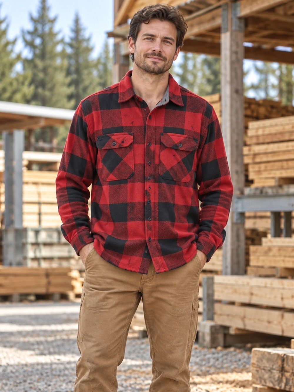 Wrangler Men’s Large Red Black Buffalo Plaid Fleece Button-Up Shirt